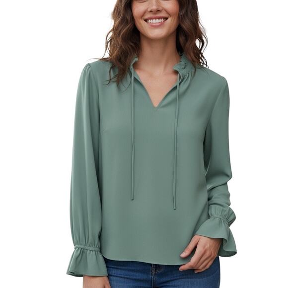 J. Crew Tops - J. Crew Long Sleeve Ruffle Blouse Size XL Blue